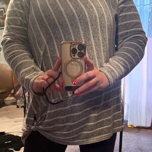 24/7 Maurices Plus Size 2 Grey and White Striped Lightweight Sweater